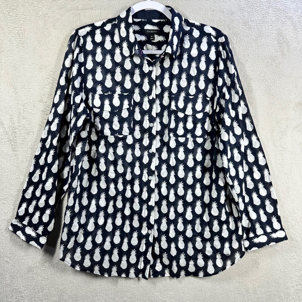 Talbots Pineapple Print Button Down Women M Navy Blue Tropical Cotton Shirt